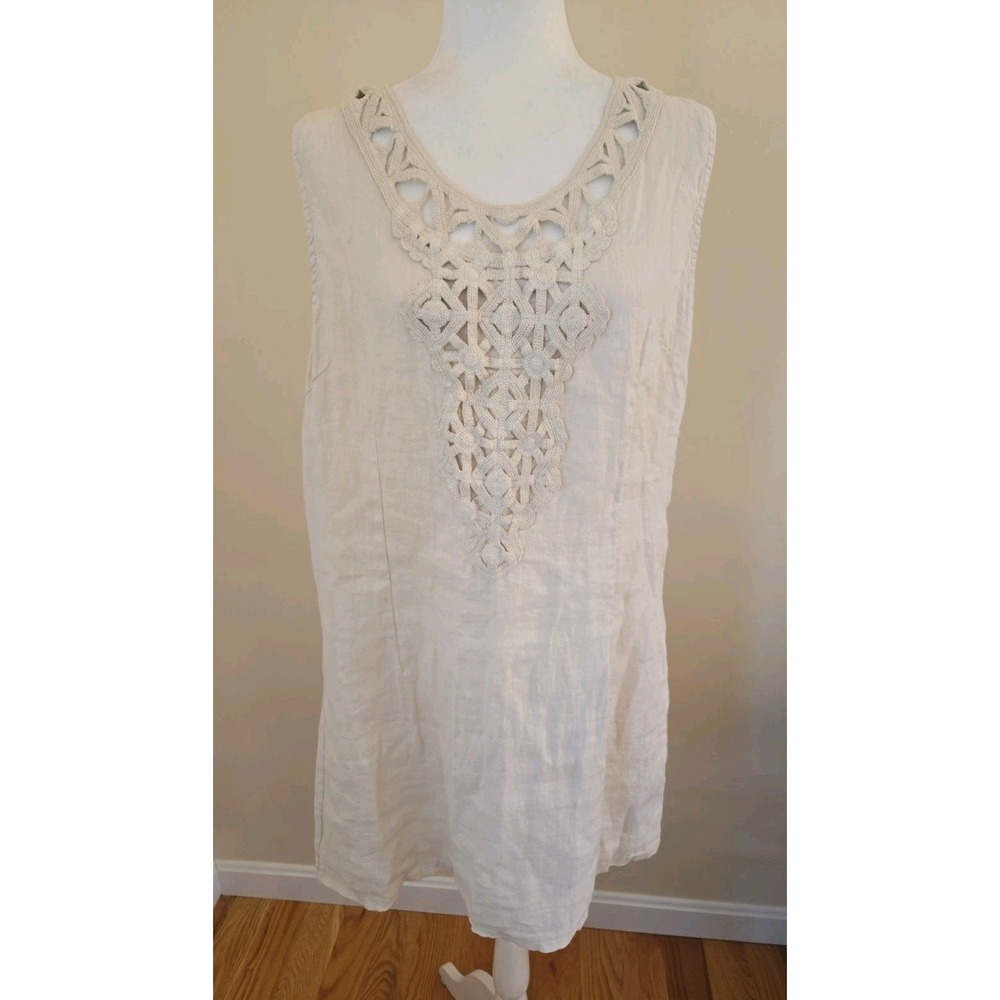 Alessia Pacini Italy Linen/Cotton Lace Sleeveless Shift Dress Lge 35" Khaki READ